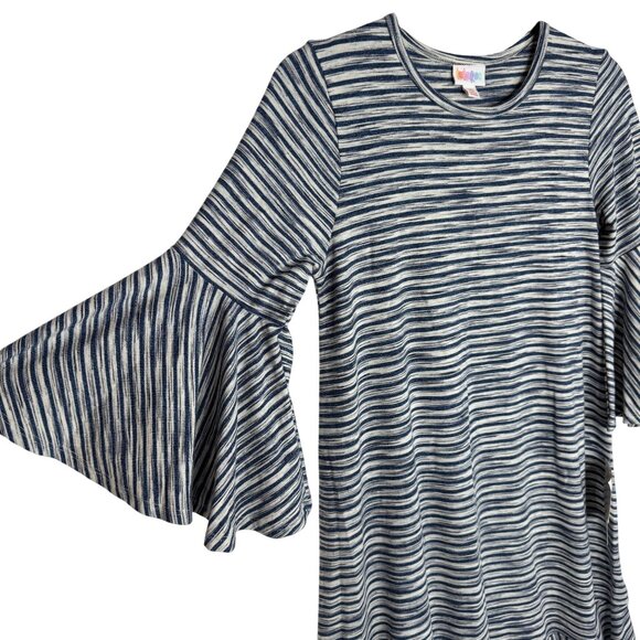 NWT Lularoe Maurine Blue Striped Ruffled Swing Dress Bell Sleeves Sz XS Oversize - Picture 5 of 9